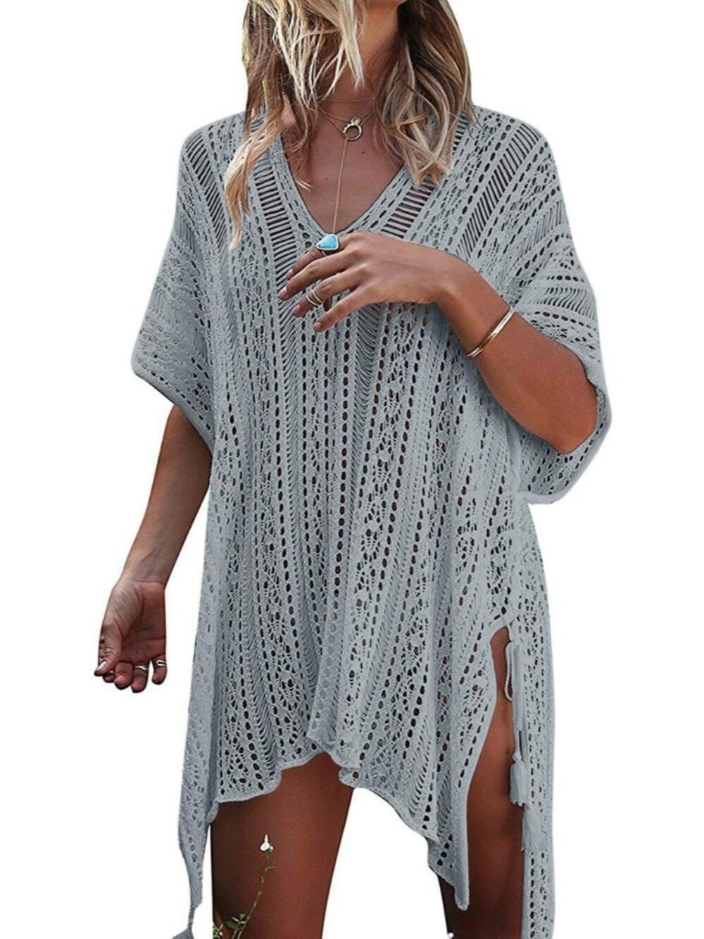 Women's Grey Polyester Crochet Cover up Swimsuit Breathable Beach Swimwear